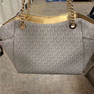 Michael Kors Signature Jacquard Tote in Vanilla with Gold Chain